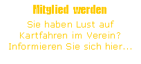 Textfeld: Mitglied werden
Sie haben Lust auf Kartfahren im Verein? Informieren Sie sich hier...